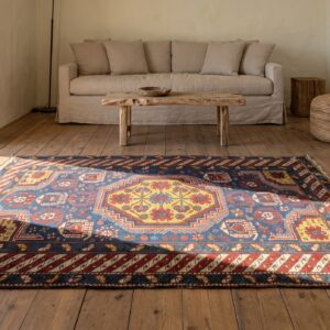 Antique Caucasian Geometric Medallion Wool Hand Knotted Pile Blue 1900s Rug (SKU 21265) - room view