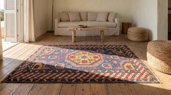 Antique caucasian geometric medallion wool hand knotted pile blue 1900s rug 7 Antique caucasian geometric medallion wool hand knotted pile blue 1900s rug (sku 21265) - room view
