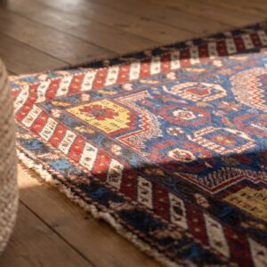 Antique Caucasian Geometric Medallion Wool Hand Knotted Pile Blue 1900s Rug (SKU 21265) - in-room detail