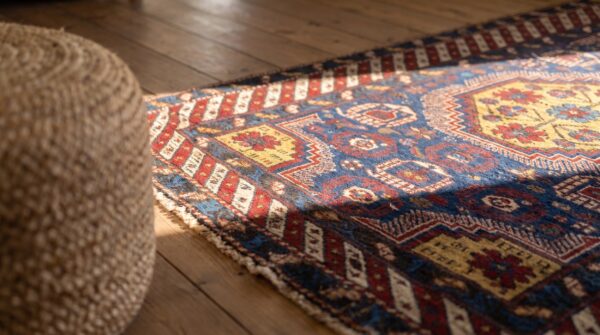 Antique caucasian geometric medallion wool hand knotted pile blue 1900s rug 8 Antique caucasian geometric medallion wool hand knotted pile blue 1900s rug (sku 21265) - in-room detail