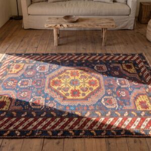Antique Caucasian Geometric Medallion Wool Hand Knotted Pile Blue 1900s Rug (SKU 21265) - styled overhead view