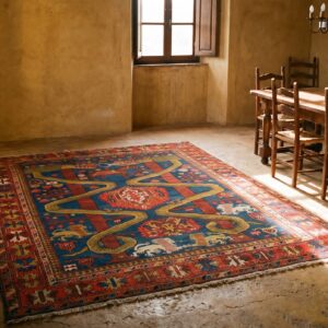 Antique Caucasian Geometric Medallion Square Wool Hand Knotted Pile Blue 1890s Rug (SKU 21277) - room view