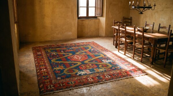 Antique caucasian geometric medallion square wool hand knotted pile blue 1890s rug 7 Antique caucasian geometric medallion square wool hand knotted pile blue 1890s rug (sku 21277) - room view