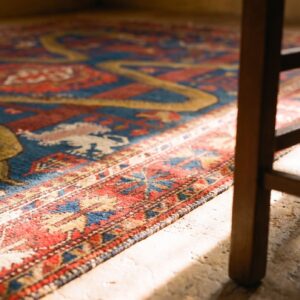 Antique Caucasian Geometric Medallion Square Wool Hand Knotted Pile Blue 1890s Rug (SKU 21277) - in-room detail