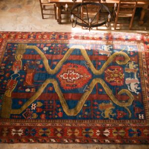 Antique Caucasian Geometric Medallion Square Wool Hand Knotted Pile Blue 1890s Rug (SKU 21277) - styled overhead view