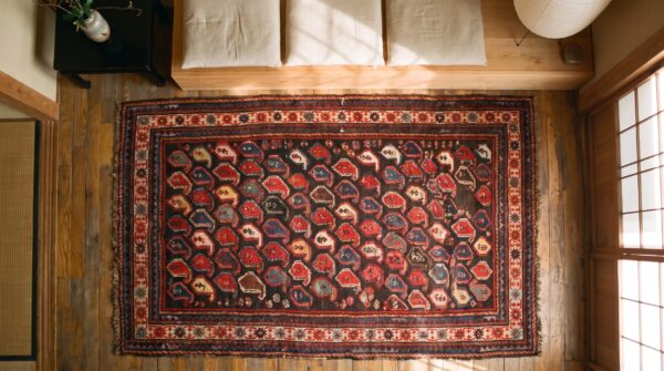 Antique caucasian - karabagh caucasian 1890s rug 2 Antique caucasian - karabagh caucasian 1890s rug (sku 21464) - styled overhead view