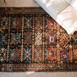 Antique Caucasian Karabagh Rug 3'4"×6'3" Brown Tribal, Ivory Border, Circa 1900 (SKU 18014) - styled overhead view