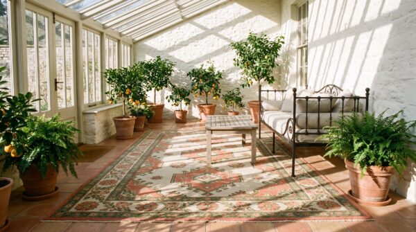 Antique caucasian karabagh rug 3'6"×7'2" pale sky blue, ivory border, circa 1900 (sku 18009) - room view