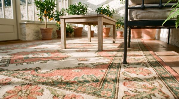 Antique caucasian karabagh rug 3'6"×7'2" pale sky blue, ivory border, circa 1900 (sku 18009) - in-room detail