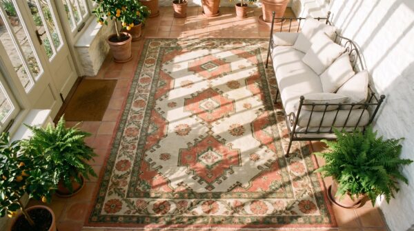 Antique caucasian karabagh rug 3'6"×7'2" pale sky blue, ivory border, circa 1900 (sku 18009) - styled overhead view