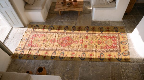 Antique caucasian karabagh brown 1875 hallway runner rug 2 Antique caucasian karabagh brown 1875 hallway runner rug (sku 20207) - styled overhead view