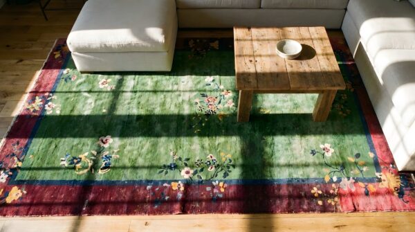 Antique caucasian - karabagh chinese knotted rug 2 Antique caucasian - karabagh chinese knotted rug (sku 25691) - styled overhead view