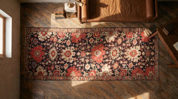 Antique caucasian karabagh hallway runner wool brown rug 2 Antique caucasian karabagh hallway runner wool brown rug (sku 18186) - styled overhead view