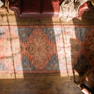 Antique Caucasian Karabagh Hallway Runner Wool Coral Rug (SKU 19581) - styled overhead view