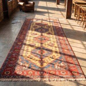 Antique Caucasian Karabagh Hallway Runner Wool Yellow Rug (SKU 21438) - styled overhead view