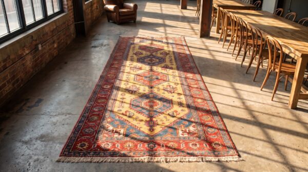 Antique caucasian karabagh hallway runner wool yellow rug (sku 21438) - styled overhead view
