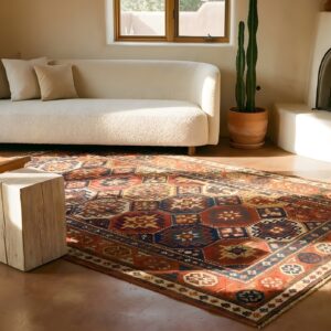 Antique Caucasian Kazak Rug 4'×8'2" Multi Geometric, Rose Pink Border, Circa 1890 (SKU 19098) - room view