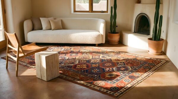 Antique caucasian kazak rug 4'×8'2" multi geometric, rose pink border, circa 1890 10 Antique caucasian kazak rug 4'×8'2" multi geometric, rose pink border, circa 1890 (sku 19098) - room view