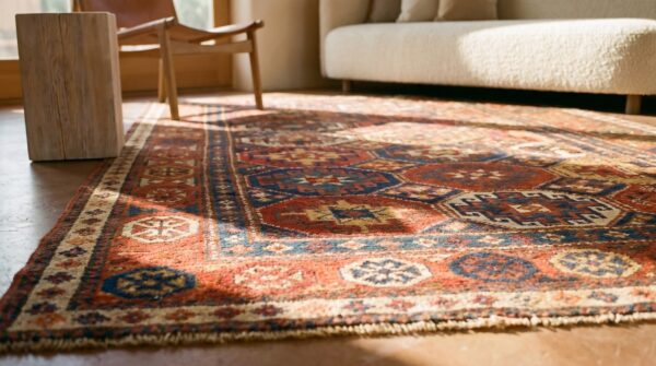 Antique caucasian kazak rug 4'×8'2" multi geometric, rose pink border, circa 1890 11 Antique caucasian kazak rug 4'×8'2" multi geometric, rose pink border, circa 1890 (sku 19098) - in-room detail