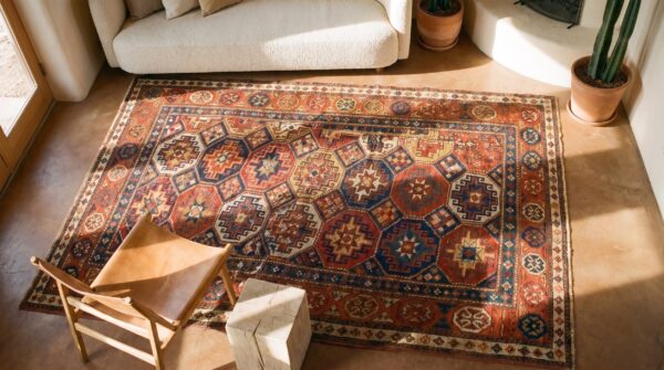 Antique caucasian kazak rug 4'×8'2" multi geometric, rose pink border, circa 1890 2 Antique caucasian kazak rug 4'×8'2" multi geometric, rose pink border, circa 1890 (sku 19098) - styled overhead view