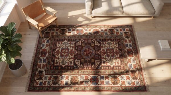 Antique caucasian kazak hallway runner rug - late 19th century tribal design 2 Antique caucasian kazak hallway runner rug - late 19th century tribal design (sku 19072) - styled overhead view