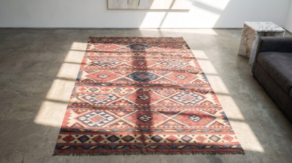 Antique caucasian - kilim caucasian flat weave rug 2 Antique caucasian - kilim caucasian flat weave rug (sku 18583) - styled overhead view