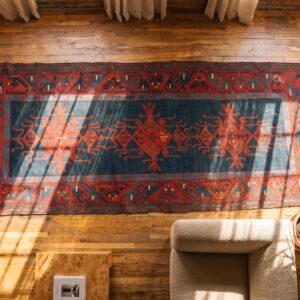 Antique Caucasian Kilim Knotted Hallway Runner Rug (SKU 21111) - styled overhead view
