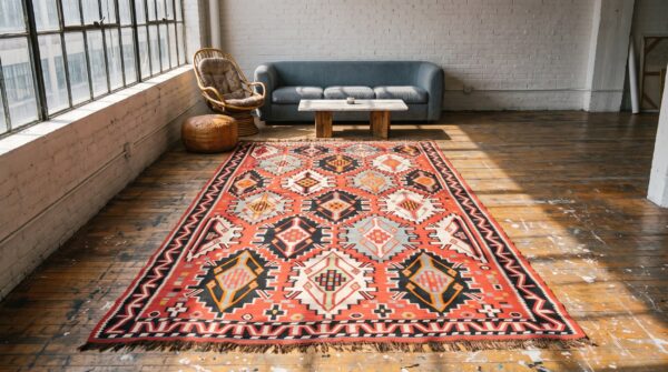 Antique caucasian - kilim caucasian knotted rug in coral (sku 22492) - room view