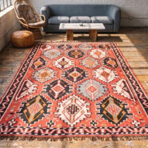 Antique Caucasian - Kilim Caucasian Knotted Rug in Coral (SKU 22492) - styled overhead view