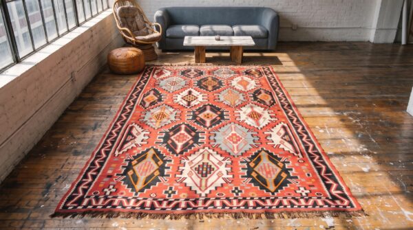 Antique caucasian - kilim caucasian knotted rug in coral (sku 22492) - styled overhead view