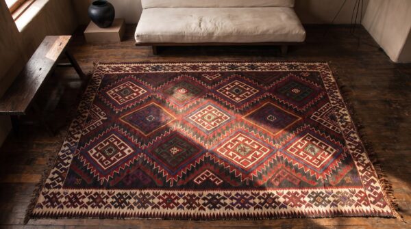 Antique caucasian - kilim caucasian multicolor 1930s rug 2 Antique caucasian - kilim caucasian multicolor 1930s rug (sku 22493) - styled overhead view