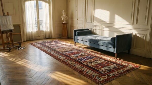 Antique caucasian kuba geometric hallway runner rug (sku 24949) - room view