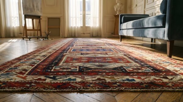 Antique caucasian kuba geometric hallway runner rug (sku 24949) - in-room detail