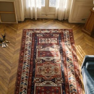 Antique Caucasian Kuba Geometric Hallway Runner Rug (SKU 24949) - styled overhead view