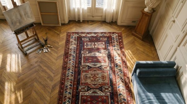 Antique caucasian kuba geometric hallway runner rug (sku 24949) - styled overhead view