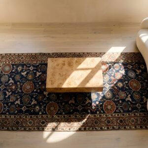 Antique Caucasian Kuba Hallway Runner Wool Blue Rug (SKU 25508) - styled overhead view