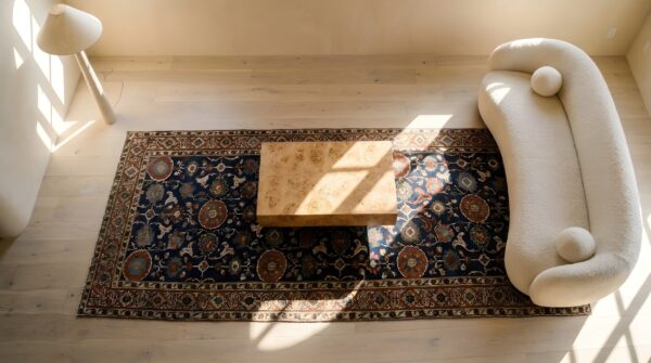 Antique caucasian kuba hallway runner wool blue rug 2 Antique caucasian kuba hallway runner wool blue rug (sku 25508) - styled overhead view