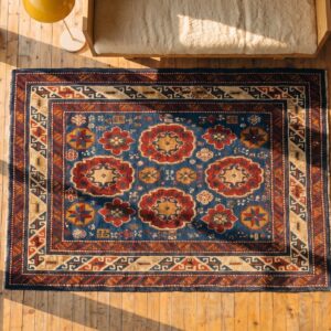 Antique Caucasian Kuba Knotted Square Rug (SKU 18858) - styled overhead view