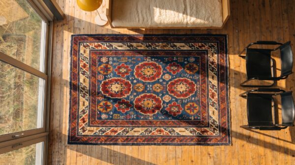 Antique caucasian kuba knotted square rug 2 Antique caucasian kuba knotted square rug (sku 18858) - styled overhead view