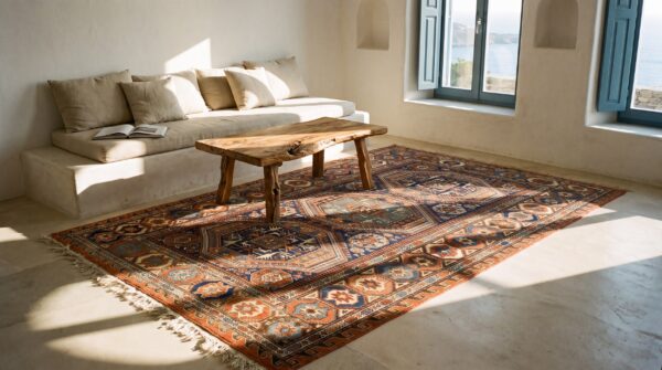 Antique caucasian late 19th century soumak flat weave tribal kilim rug (sku 24512) - room view