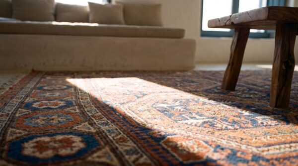 Antique caucasian late 19th century soumak flat weave tribal kilim rug (sku 24512) - in-room detail