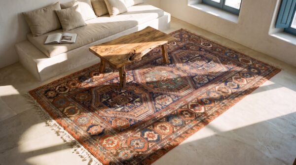 Antique caucasian late 19th century soumak flat weave tribal kilim rug (sku 24512) - styled overhead view