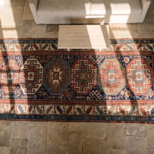 Antique Caucasian Moghan Rug, Hand-Knotted Wool (SKU 19747) - styled overhead view