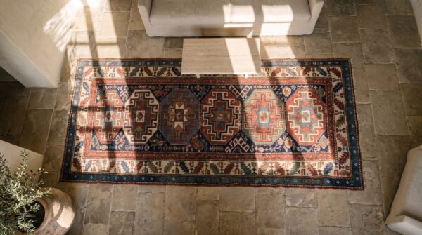 Antique caucasian moghan rug, hand-knotted wool 2 Antique caucasian moghan rug, hand-knotted wool (sku 19747) - styled overhead view