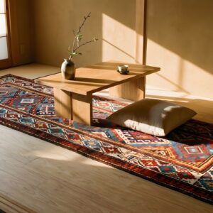 Antique Caucasian Moghan Rug 3'5"×9'5" Multi Geometric, Ivory Border, Circa 1890 (SKU 19101) - room view