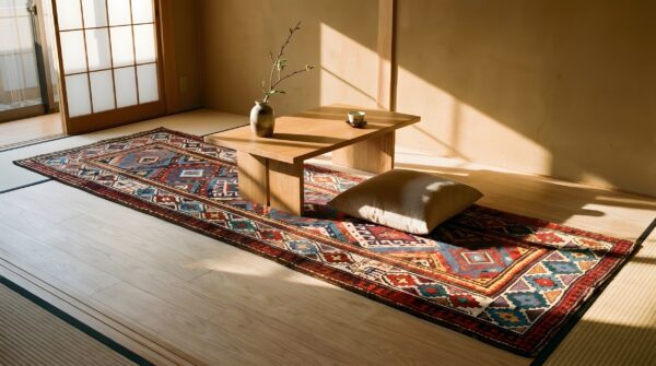 Antique caucasian moghan rug 3'5"×9'5" multi geometric, ivory border, circa 1890 (sku 19101) - room view