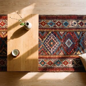 Antique Caucasian Moghan Rug 3'5"×9'5" Multi Geometric, Ivory Border, Circa 1890 (SKU 19101) - in-room detail