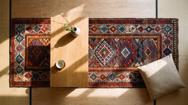 Antique caucasian moghan rug 3'5"×9'5" multi geometric, ivory border, circa 1890 (sku 19101) - in-room detail