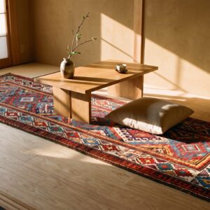 Antique Caucasian Moghan Rug 3'5"×9'5" Multi Geometric, Ivory Border, Circa 1890 (SKU 19101) - styled overhead view