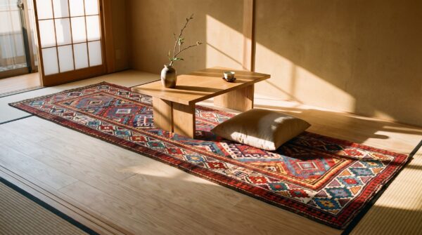 Antique caucasian moghan rug 3'5"×9'5" multi geometric, ivory border, circa 1890 (sku 19101) - styled overhead view